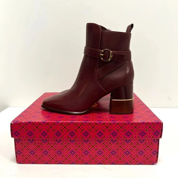 Tory Burch Multi Logo Buckle Boot Ankle Booties Square Toe Claret Burgundy 10 - Picture 13 of 14